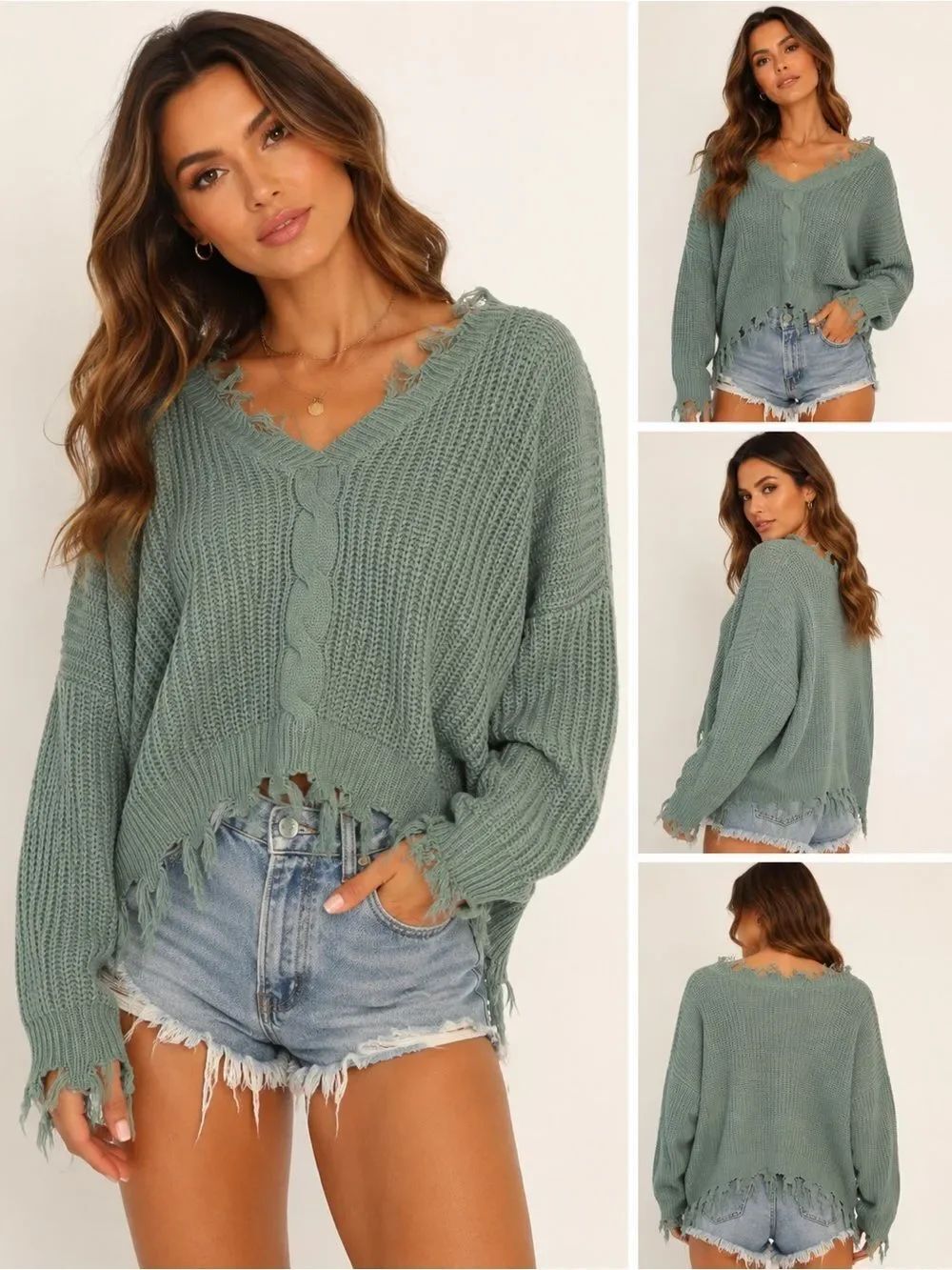 Full Circle Trends Distressed Knit Sweater – Sage Green – XL